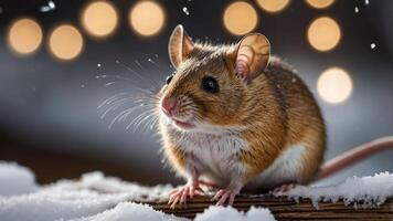 A close-up of a mouse in a snowy environment with blurred lights in the background. photo