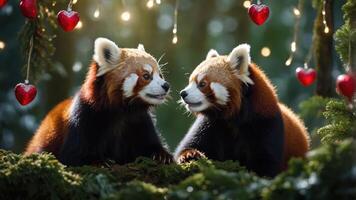 Two red pandas sit together amidst a festive, heart-adorned background. photo