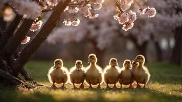 A group of ducklings standing in a sunlit park under blooming cherry blossom trees. photo