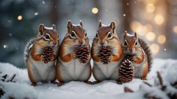 Four chipmunks holding pine cones in a snowy setting, creating a whimsical winter scene. photo