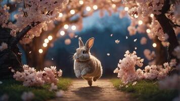 A rabbit joyfully hops through a serene cherry blossom pathway illuminated by soft lights. photo