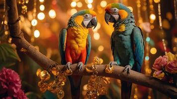 Two colorful parrots perched on a branch amidst a vibrant, festive backdrop. photo