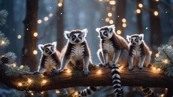 Four lemurs perched on a snow-dusted branch adorned with festive lights and pinecones. photo