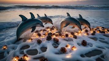 Dolphins playfully jumping over foam and pinecones at sunset, creating a whimsical scene. photo