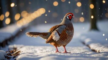 A colorful bird standing on a snowy path with a blurred background of lights. photo