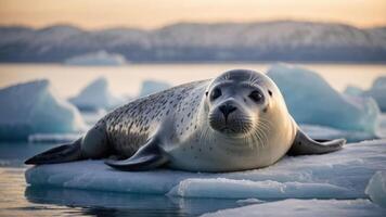 A seal resting on an ice floe in a serene, icy landscape. photo