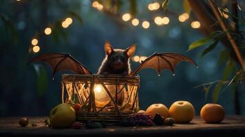 A bat with outstretched wings sits in a basket surrounded by fruits and soft lighting. photo