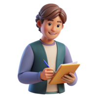reflective extraordinary College student writing in notebook NO BACKGROUND with Transparent Background. 8K png