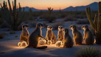 A group of meerkats gathered around glowing pinecones in a desert landscape at sunset. photo