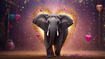 An elephant walks through a colorful, festive scene filled with hearts and confetti. photo