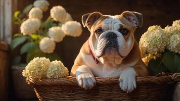 A bulldog resting in a basket surrounded by hydrangeas, capturing a serene moment. photo
