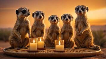 Five meerkats gathered around candles at sunset, creating a serene atmosphere. photo
