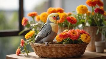 A colorful parrot perched in a basket of vibrant flowers, creating a cheerful scene. photo