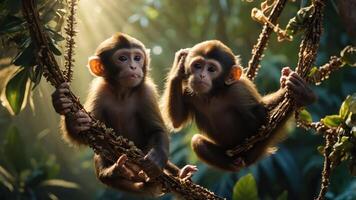Two young monkeys playfully interacting on tree branches in a sunlit forest. photo