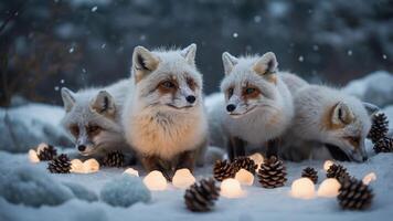 A serene winter scene featuring four foxes surrounded by pinecones and glowing lights. photo