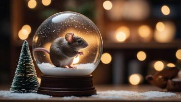 A mouse inside a snow globe, surrounded by snow, with a festive, cozy background. photo