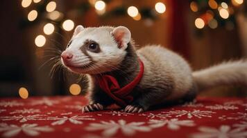 A ferret wearing a red bowtie on a festive table with holiday lights in the background. photo