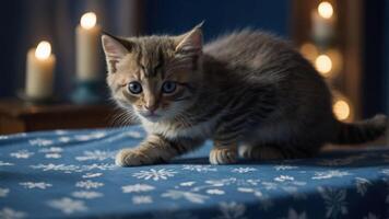 A playful kitten exploring a table with a blue tablecloth, illuminated by soft candlelight. photo