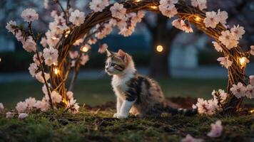 A kitten sits gracefully amidst cherry blossoms and soft lights, creating a serene atmosphere. photo