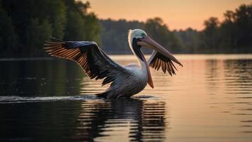 A pelican glides gracefully over calm waters at sunset, showcasing its wings and reflection. photo