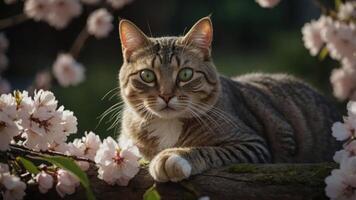 A serene tabby cat resting among blooming cherry blossoms in soft sunlight. photo