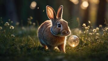 A rabbit exploring a grassy field with a glowing bubble, capturing a serene moment in nature. photo