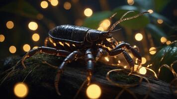 A detailed close-up of a large insect on a mossy log with glowing lights in the background. photo
