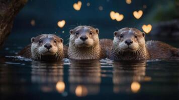 Three otters swim together, surrounded by a dreamy background of hearts. photo