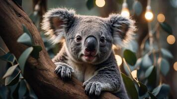 A close-up of a koala resting on a tree branch, surrounded by leaves and soft lighting. photo