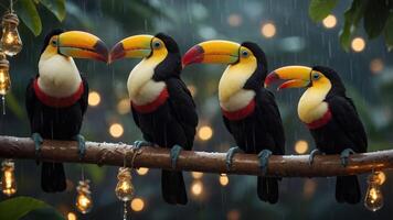 Four toucans perched on a branch in the rain, surrounded by glowing lights. photo