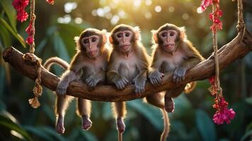 Three monkeys sitting on a branch in a lush environment, surrounded by flowers. photo