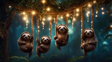 Four sloths hanging from a tree adorned with lights in a serene forest setting. photo