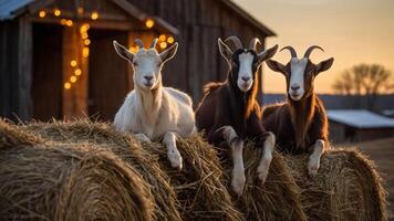 Three goats lounging on hay bales at sunset near a rustic barn. photo