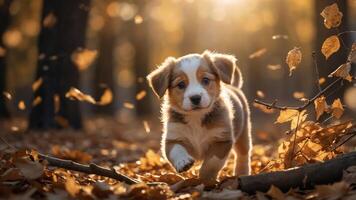 A playful puppy runs through a sunlit forest with autumn leaves falling around it. photo