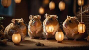 Four hamsters holding lanterns in a cozy setting, creating a warm, whimsical atmosphere. photo