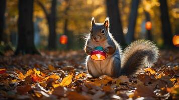 A squirrel holds a colorful lantern among autumn leaves in a serene forest setting. photo