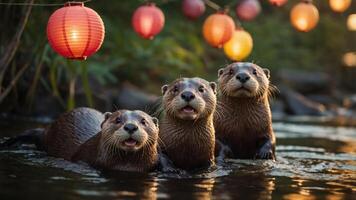 Three playful otters in a serene water setting, surrounded by glowing lanterns. photo