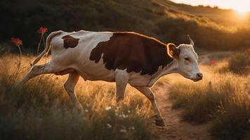 A cow walks through a sunlit field, surrounded by greenery and flowers at sunset. photo