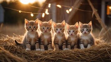 Five adorable kittens sitting in hay at sunset, creating a warm and charming scene. photo