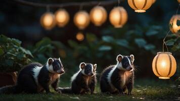 Three skunks gathered near glowing lanterns in a serene outdoor setting. photo