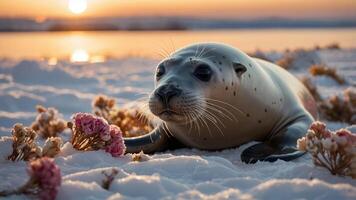 A seal resting on snow with flowers, illuminated by a sunset in the background. photo
