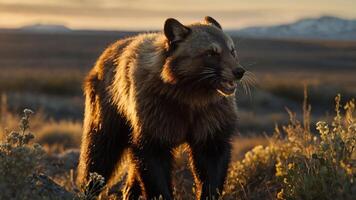 A close-up of a wild animal in a natural landscape during sunset. photo