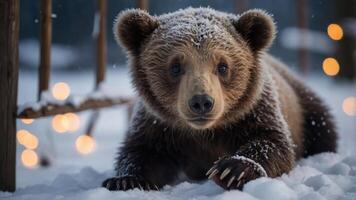 A close-up of a bear in a snowy landscape with soft lights in the background. photo