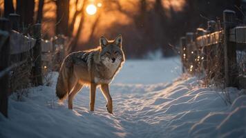 A coyote stands on a snow-covered path at sunset, surrounded by a tranquil winter landscape. photo