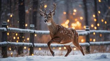 A deer gracefully runs through a snowy forest, illuminated by soft glowing lights. photo