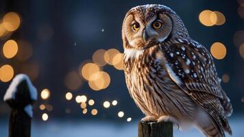 A snowy owl perched on a post, surrounded by soft bokeh lights in a winter setting. photo