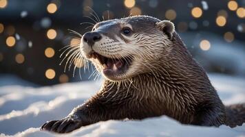 A playful otter in the snow, surrounded by soft bokeh lights, exuding joy and curiosity. photo