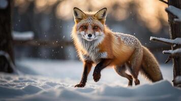 A red fox walking through snowy terrain during a serene winter scene. photo
