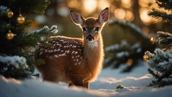 A young deer stands amidst snow-covered trees adorned with ornaments, capturing a serene winter scene. photo