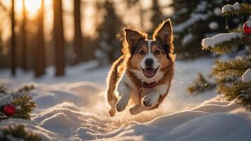 A playful dog joyfully runs through snowy terrain, surrounded by trees and festive decorations. photo